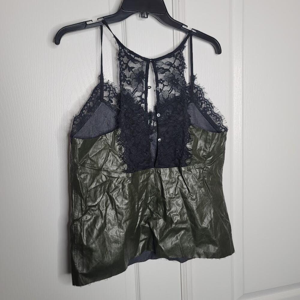 FRNCH Size Medium Black Green Faux Leather Lace Cami Top new